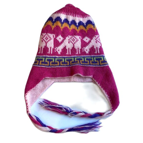 Hand-Knotted Chullo Winter Magenta Pink Reversible Alpaca Wool Blend W/ Earflaps - Picture 5 of 9